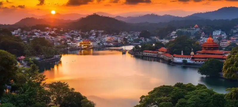 View of Kandy Lake at sunset with the Temple complex in the background